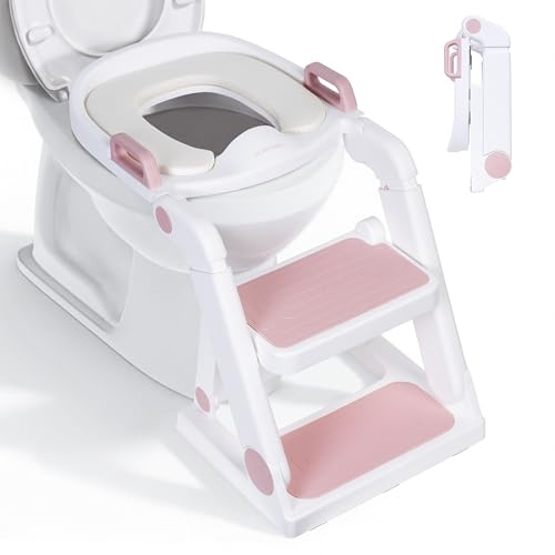 moovkee. Riduttore WC Bambini con Scaletta Rosa Dai 18 Mesi - Adattatore WC per Bambini Pieghevole, Maschietti e Femminucce - Regolazione Continua in Altezza - Completamente Ripiegabile