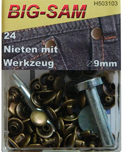 BIG-SAM - 24 Nieten mit Verarbeitungswerkzeug - 9mm - Silber, Altmessing oder in Kupfer (Altmessing)