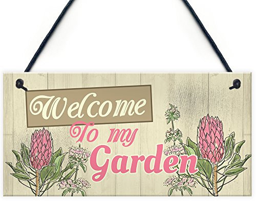 Placa de pared con texto en inglés Welcome To My Garden Home, color rojo