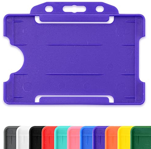 Purple Single-Sided Rigid Slide in Open Faced ID Card Badge Holders Horizontal/Landscape Identity Plastic Pass Protector - Holds a 86mm 54mm cr80 Credit Card Sized Pack of 100
