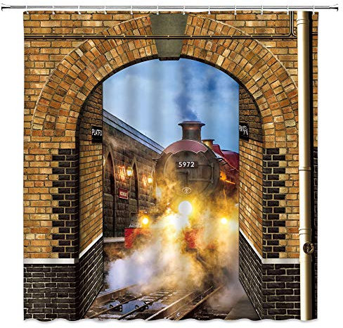 dachengxing Vintage Train Shower Curtain Magic Platform 9 and 3/4 Decor Steam Engine Secret Passage of King's Cross Railway Station,Fabric Bathroom Set Hooks Included 70x70 Inch,Brown Yellow