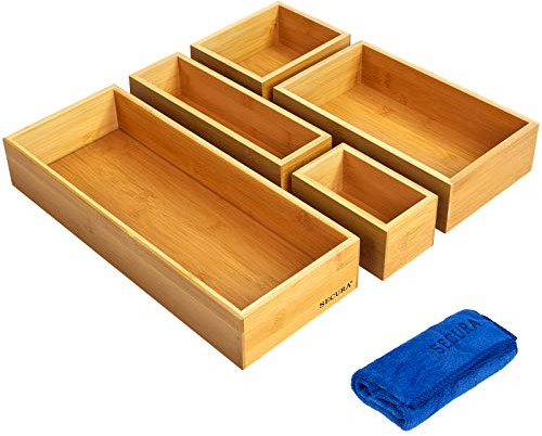 Secura Lot de 5 boîtes de rangement pour ustensiles de cuisine en bambou, pour couverts, maquillage, argenterie, bijoux, couverts pour cuisine, salle de bain, bureau et salon