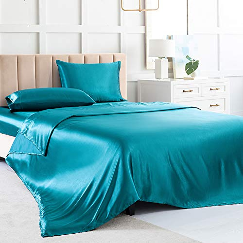 Satin-Bettlaken-Sets in voller Größe, Blaugrün, 4-teiliges weiches Bettwäsche-Set mit 1 tiefen Spannbetttuch, 1 Bettlaken, 2 Kissenbezüge