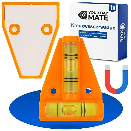 Magnetische T-Wasserwaage, 1 Stück, in Orange, Kreuzwasserwaage mit zwei Libellen, Kreuzwaage Wohnmobil, Pyramidenwaage für Wohnwagen, Zwei-Weg Wasserwaage, 2D Wasserwaage, Kreuzlibelle Camping