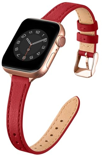 SUNFWR Leather Strap for Apple Watch 42mm(Series 3/2/1)44mm 45mm 46mm Women | Slim&Thin Genuine Leather Elegant iWatch Replacement fits iWatch Series 12 11 10 9 8 7 6 5 4 3 2 1 SE(Red&Rosegold)