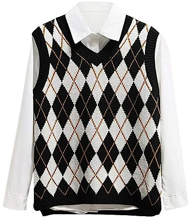 Lailezou Damen V-Ausschnitt Strickpullover Weste Argyle-Plaid adretter Stil ärmellos Crop Strickwaren Tank - Schwarz - Groß
