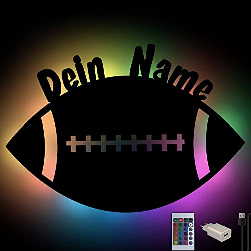 Namofactur RGB Farbwechsel American Football Wand-Nachtlicht mit Namen personalisiert I Led Holz Wand-Lampe für Kinder & Erwachsene mit Fernbedienung