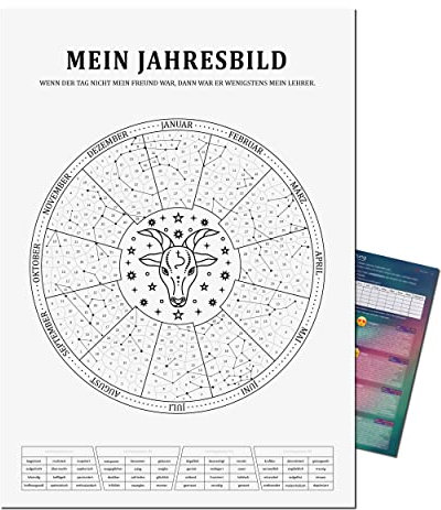 Mein Jahresbild by Presentou | Gestalte dein Jahr als individuelles Bild | inklusive psychologischer Auswertung | Sternzeichen Kalender zum Ausmalen täglicher Stimmungslage (Steinbock A3 (29,7x42cm))
