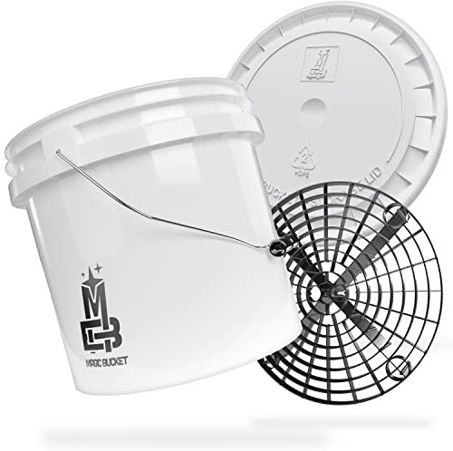MAGIC BUCKET | Auto Handwäsche Bundle | Wascheimer mit passendem Eimer Deckel 3,5 US GALLONEN ca. 13 Liter | Mit Grit Guard Eimereinsatz Schmutzsieb | Waschset Weiß/Schwarz