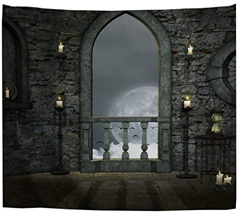 A.Monamour Wandteppich Gotische Alte Burg Balkon Bogen Brennende Kerze Nachtansicht Stoff Tuch Tapisserie Wandbehang Wanddeko Wandkunst Wandbilder Wandtuch für Wohnzimmer Schlafzimmer 180x230cm