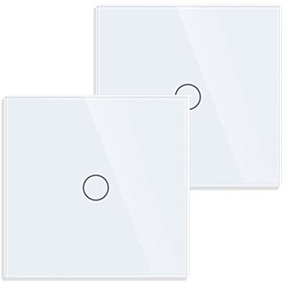 JIMEIDA 2 Pack Touch Lichtschalter in weiß, Einbauschalter mit Glas Panel und Status-LED, Kein Neutralleiter Erforderlich, 1-Fach 1-Poliger Wandschalter, AC 240 V, 500 W/Fach