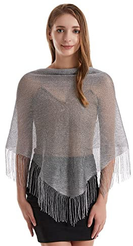 JK Home Leichter 190 x 60 cm Glitzer-Metallic-Dreieck-Schal mit Quasten für Frauen, funkelnde Pashmina-Schals, Wraps Hijab für Hochzeiten, Abendpartys, Triangle Grau, One size