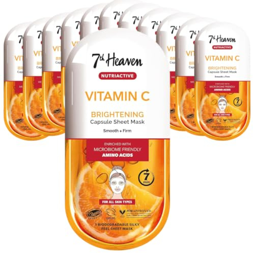 7th Heaven Vitamin C Nutriactive Brightening Sheet Face Mask, Enriched with Amino Acids to Help Smooth and Firm, for a Dewy Glow and Healthy Complexion, Vegan Approved by the Vegetarian Society
