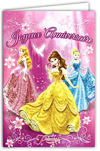 DISNEY PRINCESS Carte Joyeux Anniversaire Robes avec PAILLETTES Enveloppe Rose Cendrillon Aurore La Belle au bois dormant la Bête Fleurs Oiseaux Château Bal Illustration Fille Contes Enfant 130923
