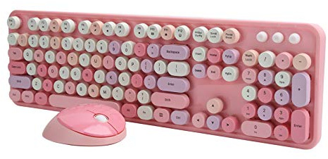 Kabellose 2,4 GHz Tastatur und Maus, mit USB Laufwerk Plug and Play, Ergonomisches Design, Retro Schreibmaschinen Stil, Tastatur Maus Set mit 104 Tasten für Laptop, PC, Computer(Rosa bunt)