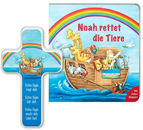 MaMeMi Taufgeschenk-Set ARCHE NOAH mit HOLZKREUZ 18 x 11 cm und BILDERBUCH mit KLAPPEN für KINDER TAUFE und PATENGESCHENK