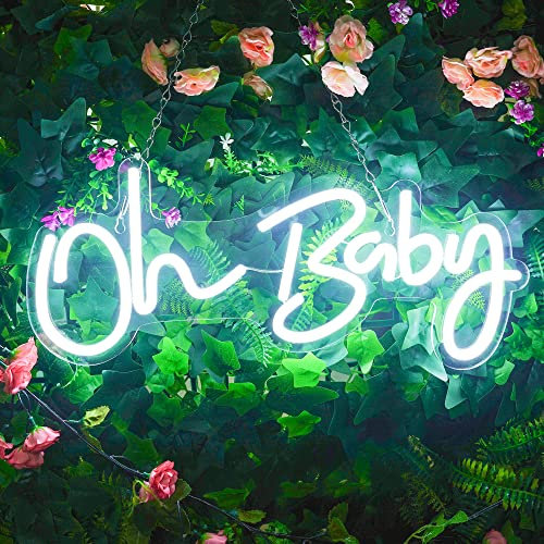 BringLuck2U Oh Baby Neonlicht Weiße LED Neonschilder USB-betriebene Lichtschilder Dimmbare Buchstabe Baby Neonschild für Babyzimmer Schlafzimmer Hochzeit Geburtstagsfeier Geschenk Wand Dekoration