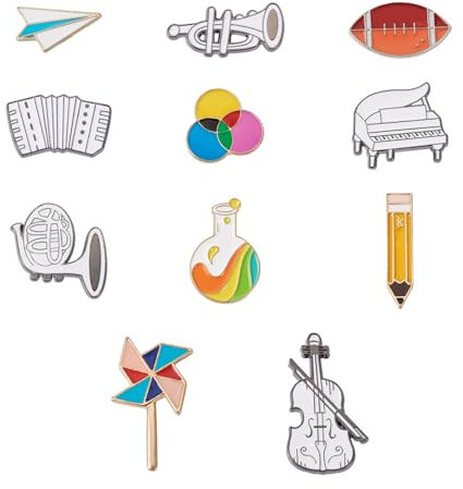 PandaHall 12 Stück Emaille Pins Klavier Akkordeon Violine Brosche Pins Rugby Flasche Bleistift Revers Abzeichen für Kleidung Hemd Jacke Rucksack Hut