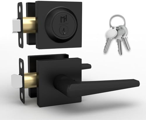 Mega Handles Entrance Combo I Hebel-Türschloss-Set für Schrank- oder französische Türen, einseitig, nicht drehbar, passend für alle gängigen Türgrößen, Schrauben im Lieferumfang enthalten, Mattschwarz
