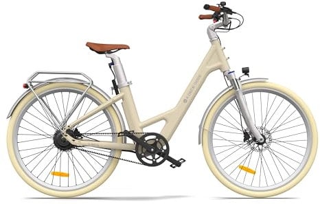 ADO E-Bike Air 28 electric bike, Pedelec belt drive, 28 inches, 1 gear, rear motor, 345.00 Wh battery, ebike women/men, 36V 250W brushless motor-yellow