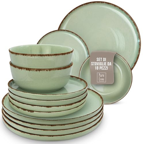 Ensemble Vaisselle en Grès 6 Personnes Rustique 18 pièces - Service de Table Rustique, Lavable au Lave-Vaisselle - Ensemble de Bols et Assiettes - Vaisselle de Table Pure Living en vert menthe