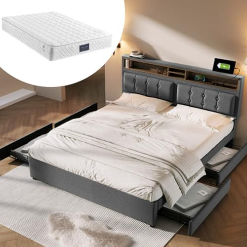 Tcewhhy Polsterbett Mit 4 Schubladen Stauraum Und USB C Steckdose Doppelbett King Size Höhenverstellbarem Kopfteil Jugendbett Lattenrost Aus Holz Gästebett Für Erwachsene Grau 160x200 cm Mit Matratze