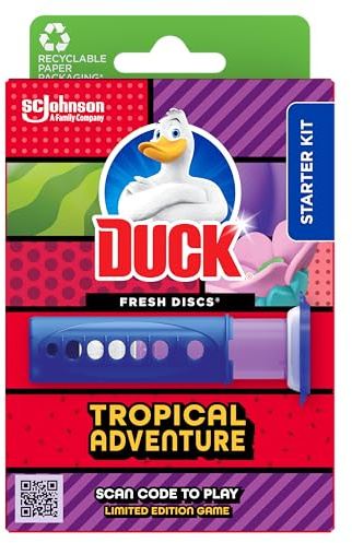 Duck Fresh Discs Toilet Cleaner Starter Kit, Fights Stains That Harbour Germs, Prevents Limescale Build Up, Tropical Adventure, 1 Holder + 1 Refill