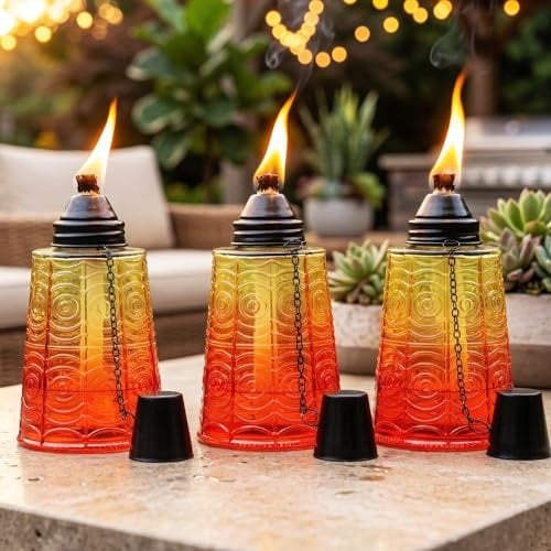Seraphic Antorchas de mesa de citronela para patio al aire libre, antorcha de cristal decorativa de 16 onzas, velas de citronela para terraza exterior, jardín, fiestas, juego de 3, naranja atardecer