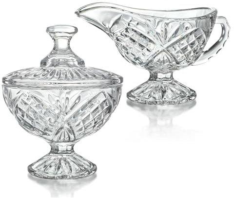 Crystal Cream and Sugar Set Glass Creamer Server Sugar Bowl with Lid Coffee Server Set Mother's Day Gifts for Women Mum Table Decortion for Home Wedding Party