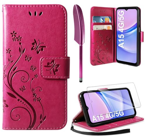 AROYI Coque Compatible avec Samsung Galaxy A15 4G / 5G, Retro Design PU Etui Housse en Cuir Portefeuille de Protection Fonction Stand Video Porte Carte Credit Ticket Flip Case Rose Rouge