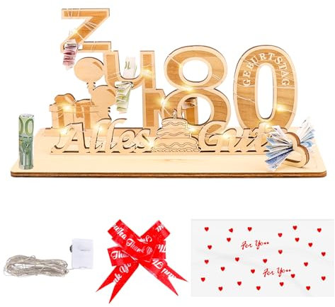 Geschenke zum 80 Geburtstag Frau Mann mit Led Lichterkette&Geschenktasche,Geldgeschenke Geburtstag 80, Geschenke 80 Geburtstag Mann,Holzschild 80.ter Geburtstag Frau Mann,Geschenk 80. Geburtstag Deko
