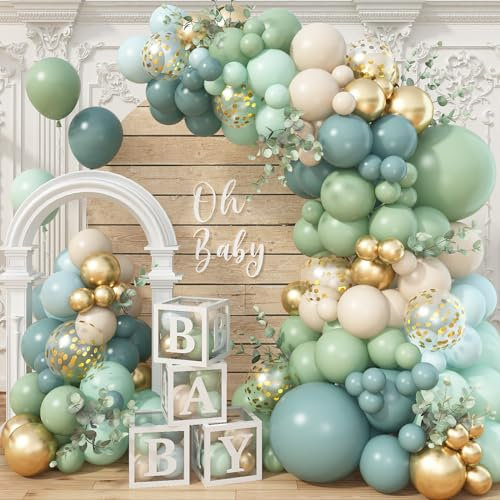 Jobkoo 122Pcs Dusty Blue Sage Green Balloon Garland Kit, Pastel Olive Green Slate Blue Beige Metallic Gold Confetti Balloon Arch Kit for Women Men Boho Birthday Wedding Baby Shower Party Decorations