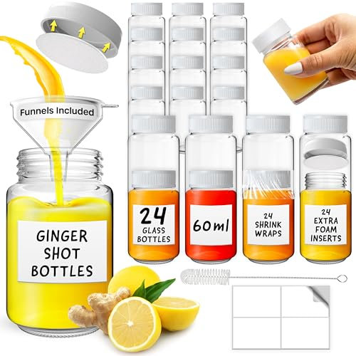 Volila Reusable Glass Shot Bottles - 24 Pack, 2oz/60ml, Leakproof, Portable, Includes Funnel, Labels, Shrink Wrap, Cleaning Brush and Extra Foam Insert