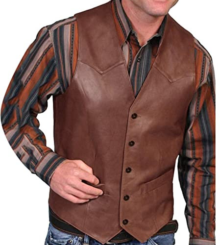 Pull and Bear Jacken für Herren, solides Leder, V-Ausschnitt, Tasche, Retro-Farbe, Weste, Bluse mit Knopf, braun, M