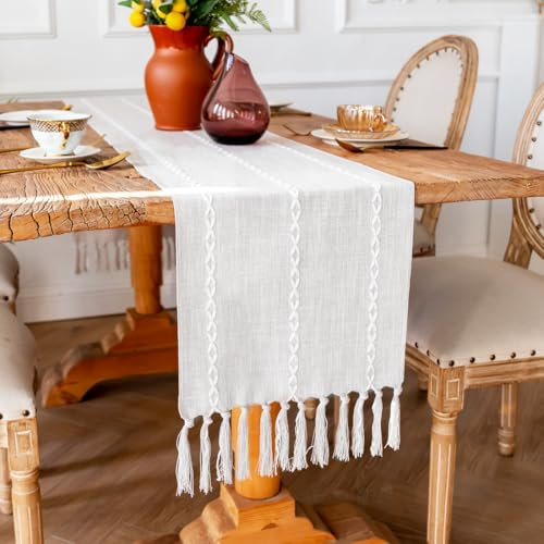 Beige Makramee Tischläufer, Tischläufer Boho, Tischdecke Leinen, Tischläufer Abwaschbar, Landhausstil Quasten Tischläufer, Böhmische Hochzeit Tabletop Dekor, 33*160cm