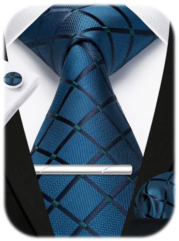 HISDERN Plaid bleu sarcelle cravate pour hommes mouchoir bouton de manchette pince à cravate ensemble formel fête de mariage cadeaux