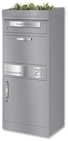 Metzler Briefkasten und Paketbox mit Pflanzdach, rostfrei & massiv, groß XXL, Standbriefkasten modern, Postbox in RAL 9007 Graualuminium, Edelstahl-Namensschild mit Gravur, Paketkasten Modell Bispo 2