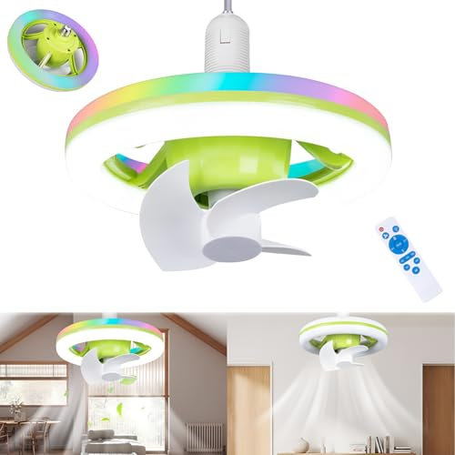 Ventilador de techo con luz e27,Lampara ventilador techo silencioso,Ventilador de techo con luz led rgb,Ventilador de Techo con iluminación de 16 Colores, 3 Velocidades,Rotación de 360° (Verde)