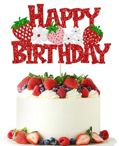 Decoration Gateau Fraise, Cake Topper Fraise, Topper Happy Birthday, Cake Topper Anniversaire, Adaptée aux Baby Showers et Aux Fêtes d'Anniversaire sur Le Thème de La Fraise (Rouge)