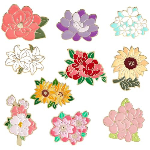 SUNNYCLUE 1 scatola 10 pezzi 10 stili Spille Smaltate A Forma di Fiore Spille Smaltate Carine Spilla Floreale In Lega per Piante Giglio Creativo Girasole Spille Colorate per Zaino per Donne Uomini Dis