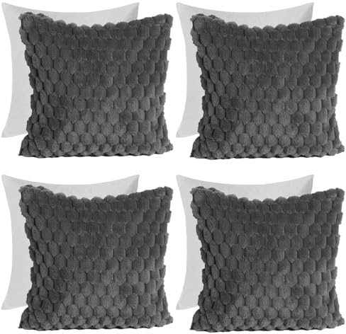 OHS Waffle Faux Fur Cushions with Covers Included, Filler Cushion Inserts Sofa Cushions Throw Pillow Ultra Soft Comfy Living Room Lounger Cushions, Set of 4 - Charcoal Grey