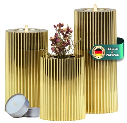 DecoValeira - 3er Set Dauerkerze (Ø 6,9 cm, H 9, 12, 15 cm) - Teelichthalter, Kerzenhalter in Kerzenoptik, Windlicht für handelsübliche Teelichter-Deko Kerzen, Tischdeko, Wohnzimmer Deko (Gold)