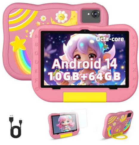 Tablet para Niños 2024 - Android 14, 10 Pulgadas, Con Funda y Control Parental - Octa-Core, 10+64GB, Doble Cámara 5MP+8MP (Rosa)