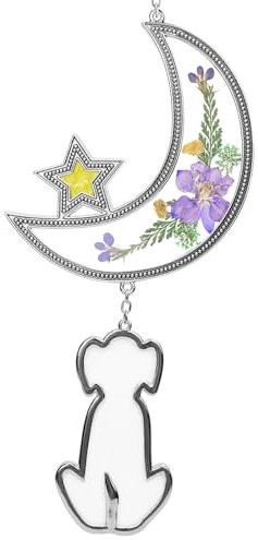 Stained Glass Sun catcher with Glass Dog,Moon Suncatcher Gifts for Mom Pressed Real Flower and Crystal Charm Birthday Gifts for Mother's Day,Indoor、Outdoor Window、Garden Decoration