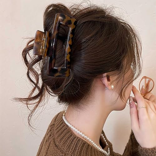 Inateannal Grandes pinces à cheveux carrées pinces à cheveux en forme de tortue marron mat pinces à cheveux épaisses antidérapantes forte tenue grandes griffes en plastique léopard