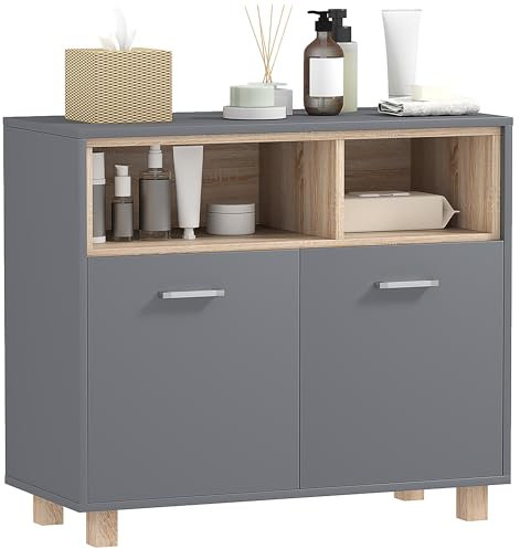 HOMCOM Mobile Bagno Moderno con Vani Aperti e Armadietto a 2 Ante, Mobiletto Bagno Salvaspazio con Maniglie in Lega di Alluminio, 80x35x70 cm, Grigio
