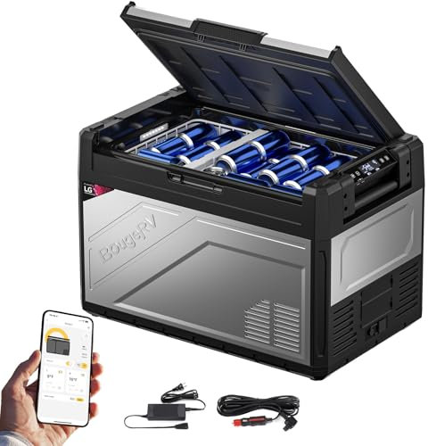 BougeRV Rocky2 52L Glacière à Compression 12V 24V 220V Frigo Portable avec Compresseur Puissant de 5,7cc Double Zone Cloison Amovible Voiture Réfrigérateur Congélateur Camping Car Van Camion -20℃~20℃