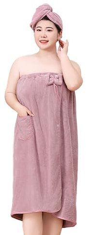 Moonlove Women Plus Size Wrap Towel & Hair Drying Cap Set Wearable Spa Shower Bathrobe Strapless Cover Up Bathing Robe Water Absorbent Body Towel Dressing Gown Suitable for 175-240lb