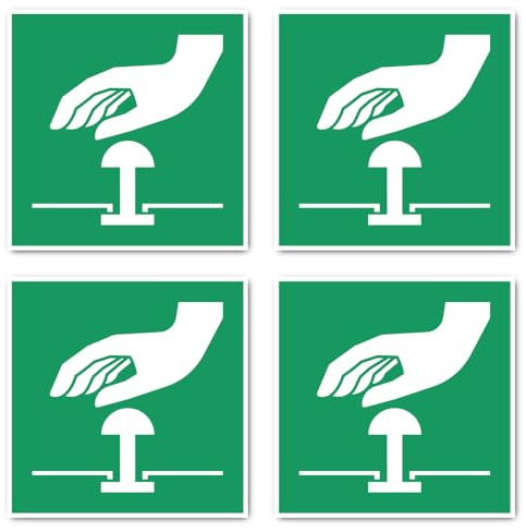 Bouton d'arrêt d'urgence, panneau de sauvetage : E020 - DIN EN ISO 7010 / ASR A1.3 - Autocollant : 15 cm - Lot de 4