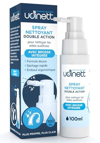 Hearing Aid Cleaning Spray with Integrated Brush 100ml Udinett Sanitizer for Daily Cleaning Earmolds Replacement Domes Earplugs Delicate Formula Quick Drying Eliminates Earwax and Dirt
